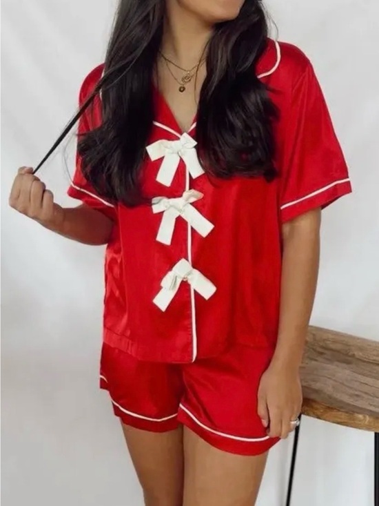 She + Sky Other - She + Sky Red Satin Short Pajama Set with White Bows